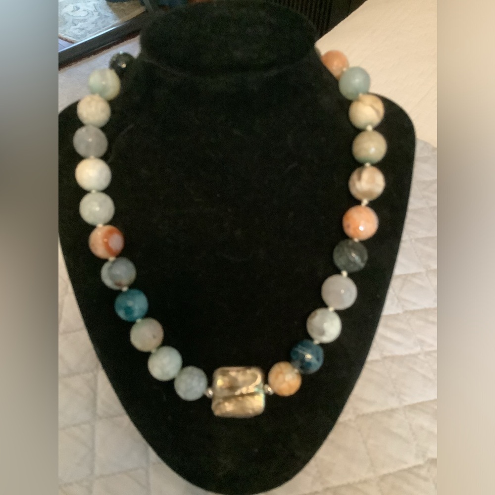 Blue beaded necklace.